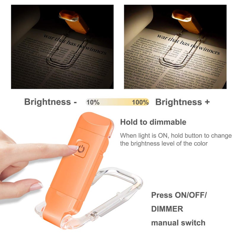 HONWELL Rechargeable Book Light, Clip On LED Reading Lights for Kids Reading in Bed, 3 Brightness Levels Dimmable Bookmark Light for Eye-Protection, Portable Reading Lamp for Bookworms, Travel(Orange) - Image 1